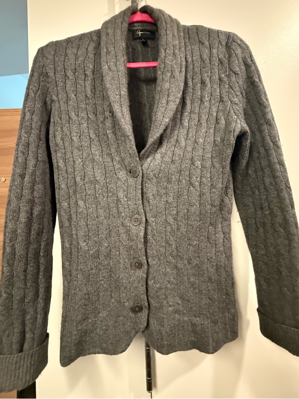 Aqua 100% Cashmere Cable Knit Shawl Collar Cardigan Sweater Gray Size L (Fits M)